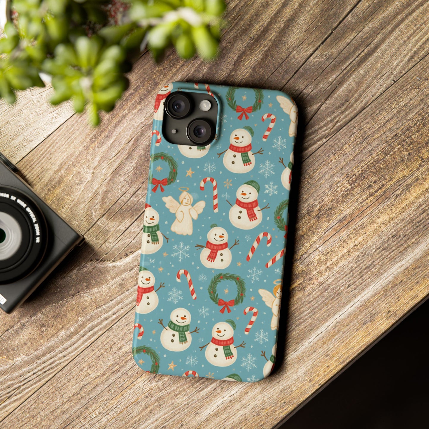 Holiday Snowman Slim Phone Case — Cute Christmas Candy Cane & Wreath Pattern