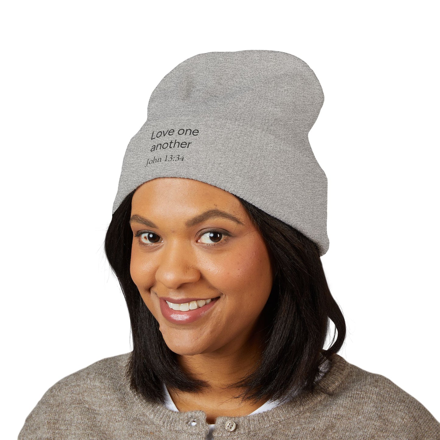 'Love One Another' Embroidered Cuffed Beanie – John 13:34 Christian Knit Hat