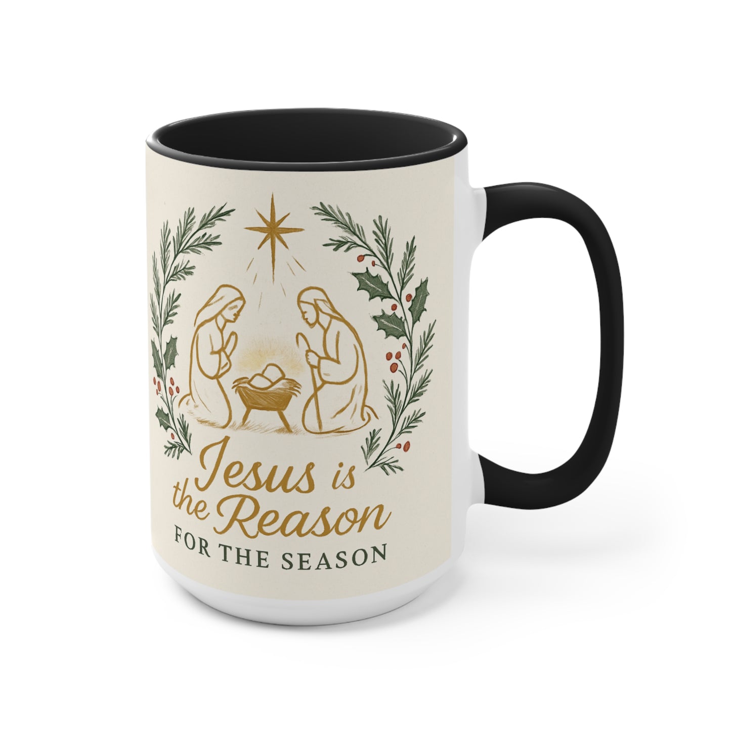 Jesus Is the Reason Accent Mug — Nativity Christmas Coffee Cup (15oz)