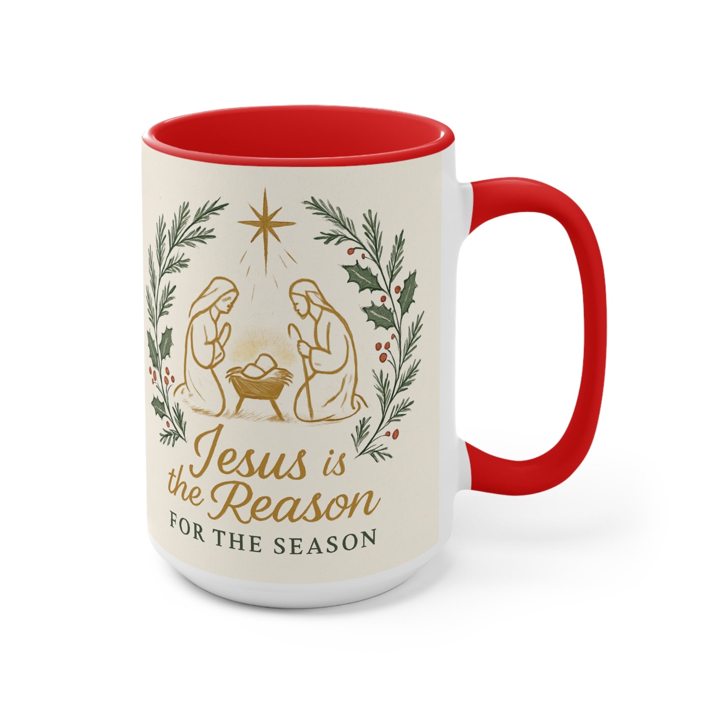Jesus Is the Reason Accent Mug — Nativity Christmas Coffee Cup (15oz)