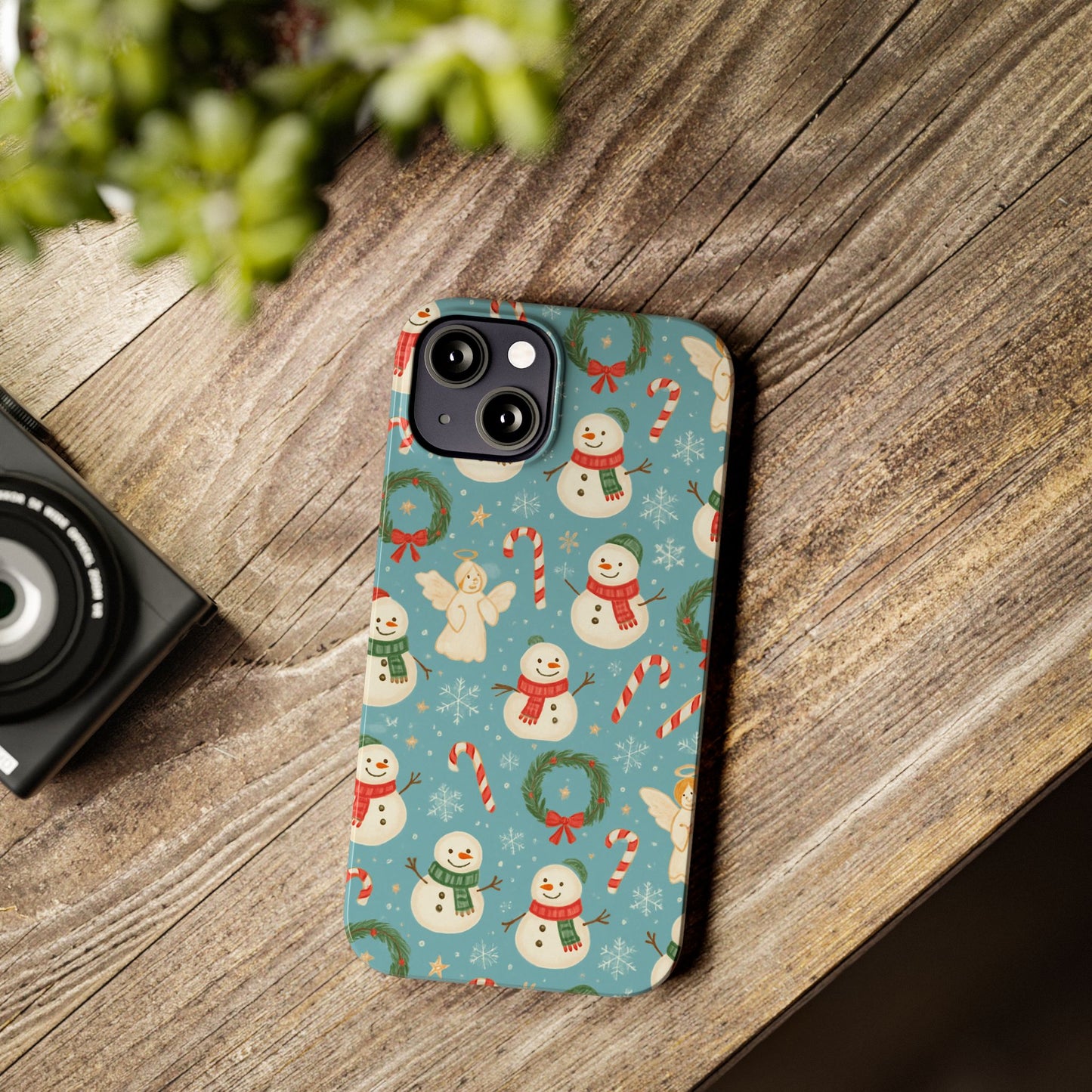 Holiday Snowman Slim Phone Case — Cute Christmas Candy Cane & Wreath Pattern